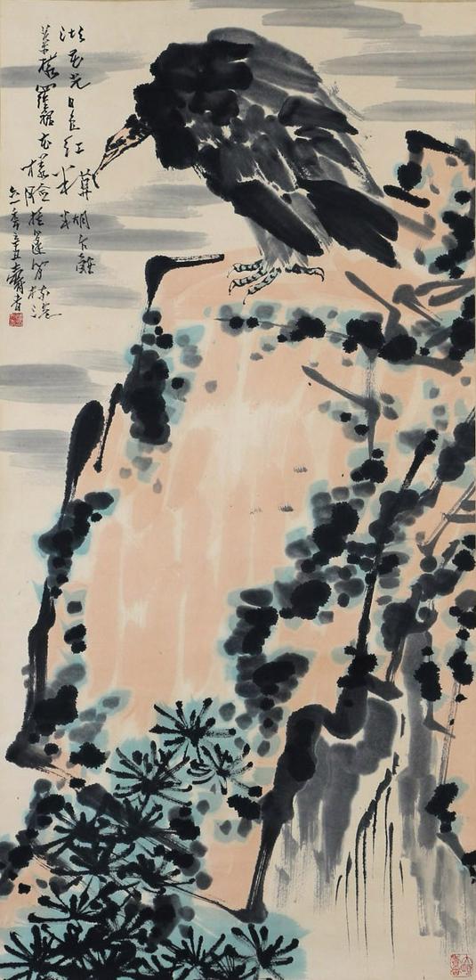 A Chinese Eagle Painting, Pan Tianshou Mark: A Chinese Eagle Painting, Pan Tianshou MarkLg.136cmï¼› Wd.68cmï¼›From the collections of Asher Cartfeild ( 1897-1984), a Lithuania immigrant who became a successful steel broker and the founde