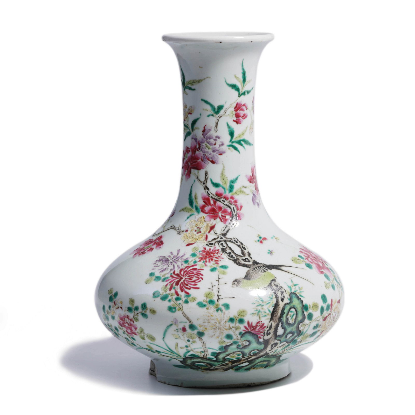 A Chinese Famille Rose Flower&Bird Pattern Porcelain: A Chinese Famille Rose Flower&Bird Pattern Porcelain VaseHt.26.9cm. From the collections of Asher Cartfeild ( 1897-1984), a Lithuania immigrant who became a successful steel broker and the founder of