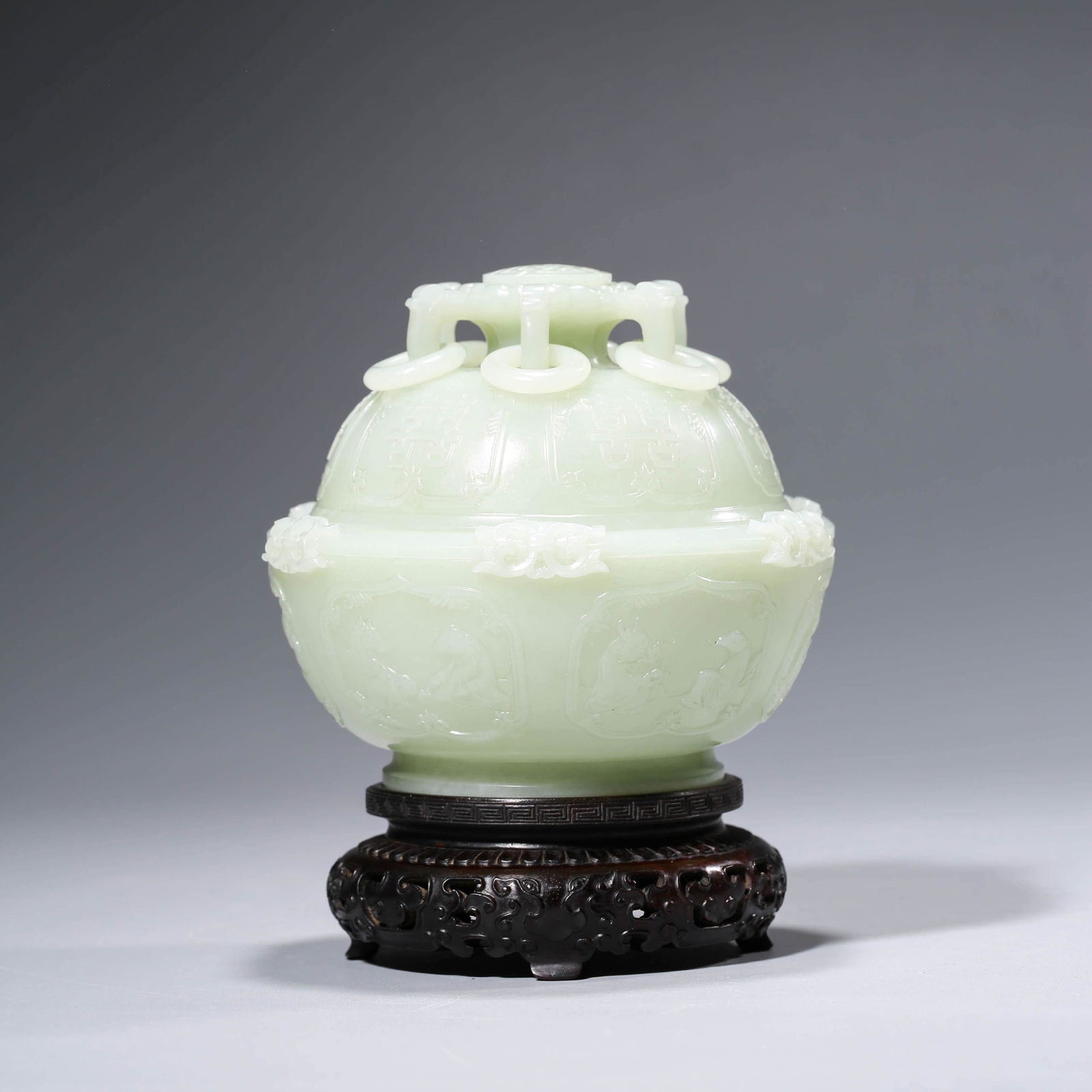 A Chinese 12 Zodiac Carved White Jade Six Rings Alms: A Chinese 12 Zodiac Carved White Jade Six Rings Alms BowlWidth: 13.3cm, Height:15.3cm, The precious collections from Mr. Yan (1962- ), TV producer, host, and collector at the Los Angeles.