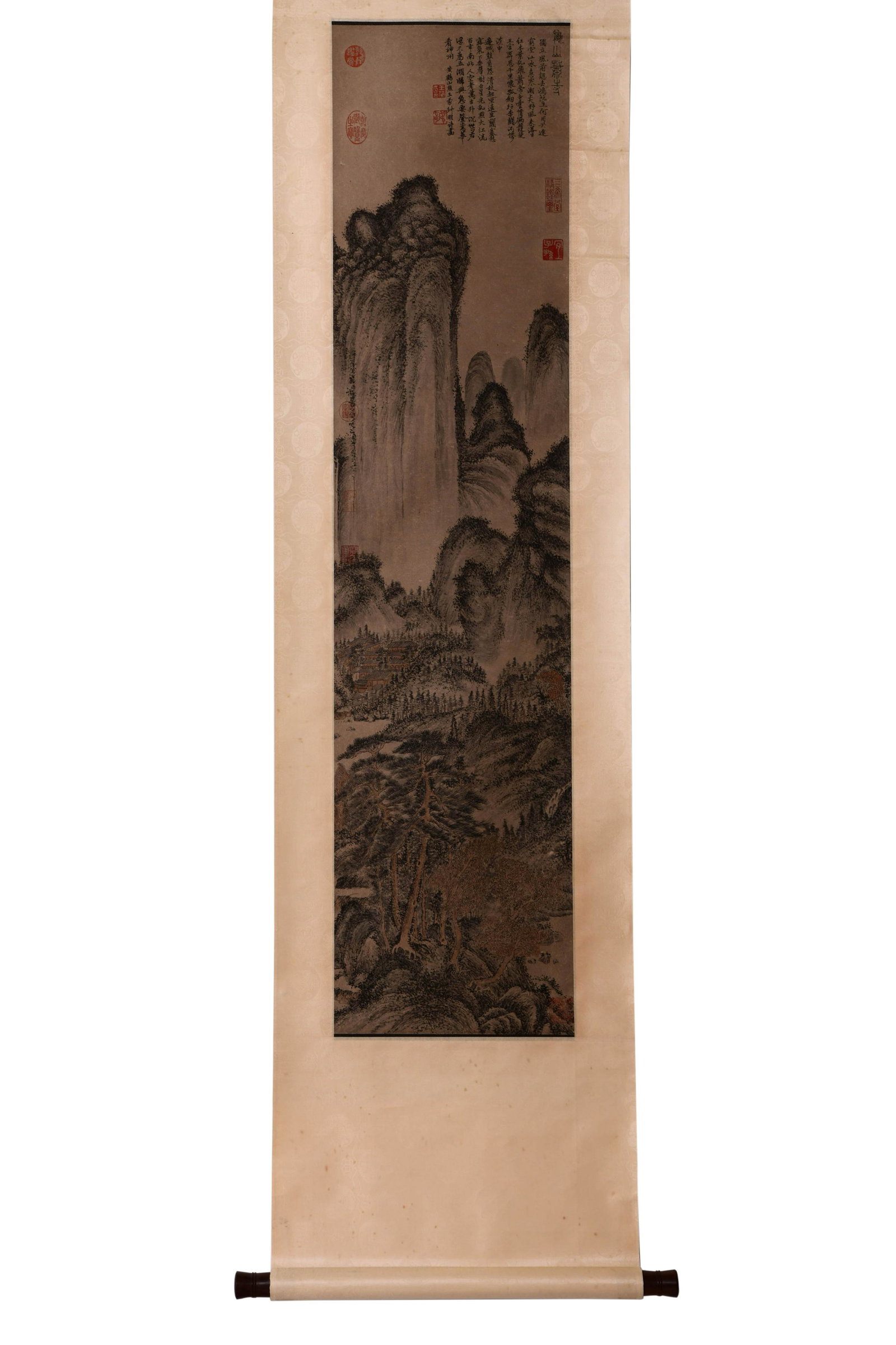 A Chinese Painting Of Landscape Signed Wang Meng: Scroll and mounted, ink on paper. The painting depicts a verdant mountains landscape. Poem inscribed and signed with seven seals of the artist. Height:139cm, Width:33cm,