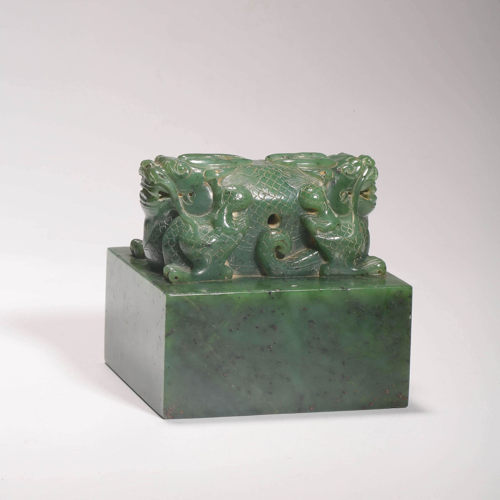 A Carved Spinach Green Jade Beast Seal (1 of 9)