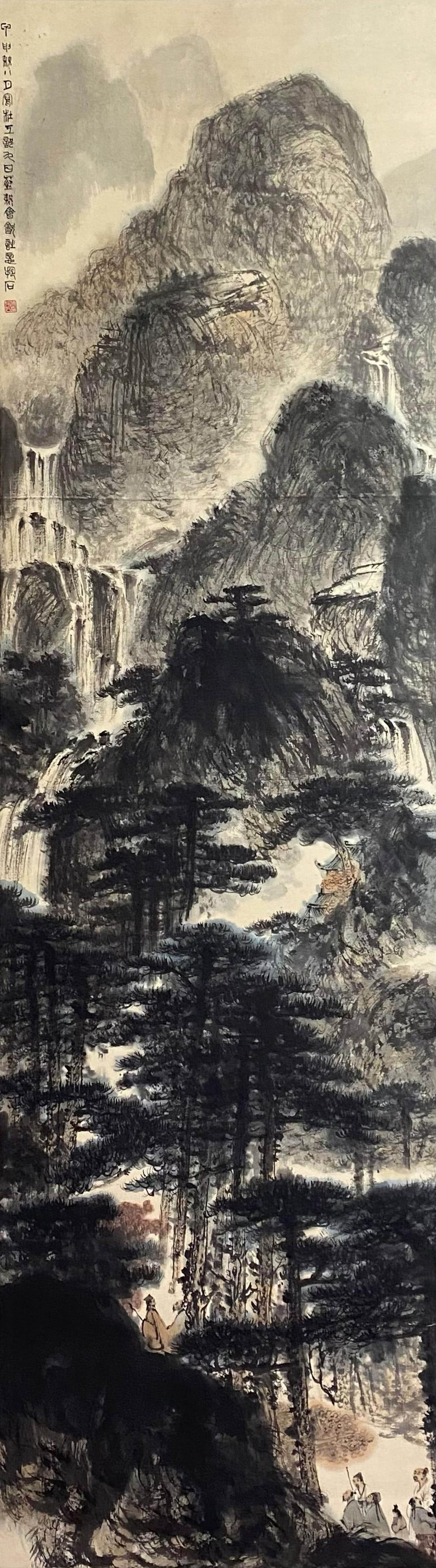 A Chinese Painting Of Landscape Signed Fu Baoshi: The painting depicts a mountainous landscape and some scholars at the corner. Signed with seal of the artist. Length:210cmï¼ŒWidth:59cmï¼Œ