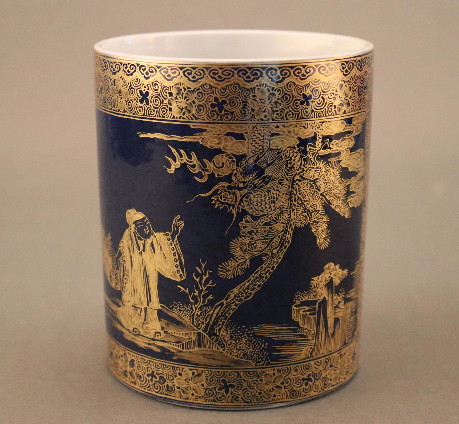 Gold Drawing Blue Glazed Porcelain Brush Pot (1 of 5)