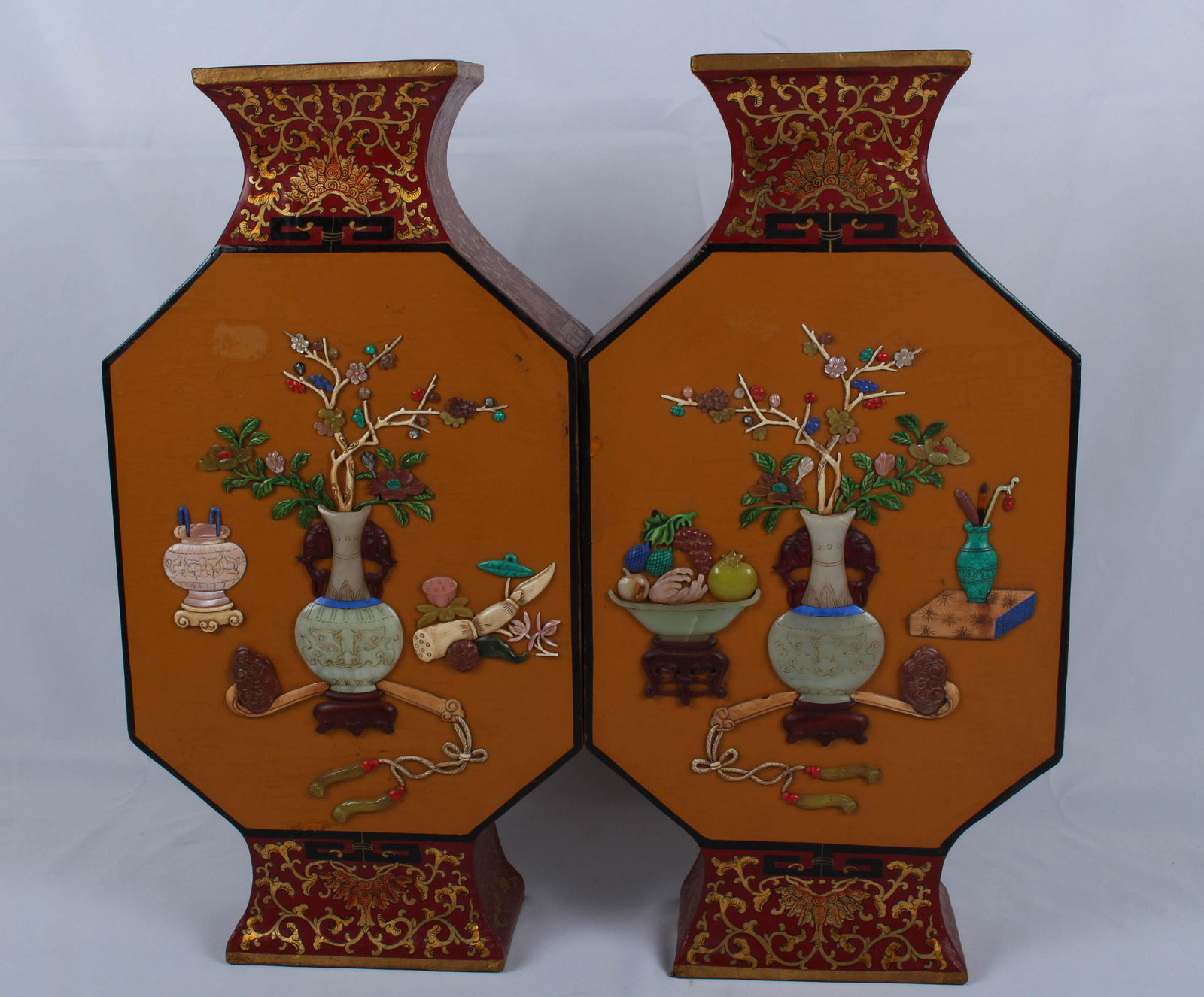 Pair of Stone Inlaid Yellow Lacquerware Vase (1 of 7)