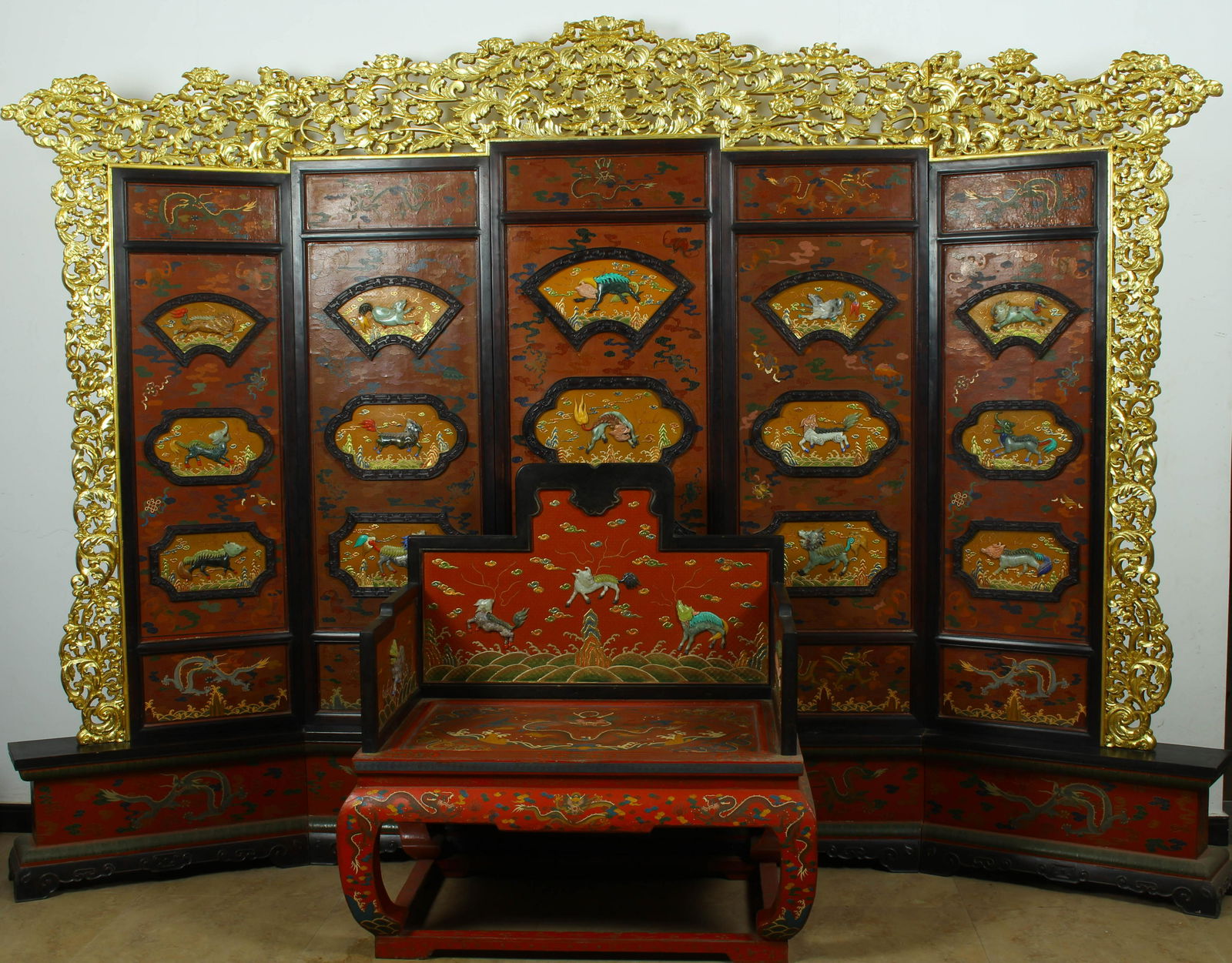 Chinese Jade Stone Inlaid Lacquerware Screen with Chair (1 of 10)