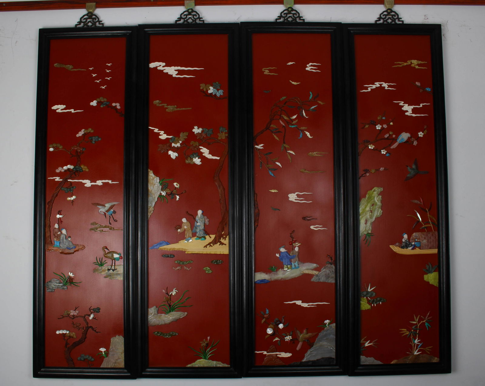 Group of Four Stone Inlaid Red Sandalwood Wall Panel (1 of 2)