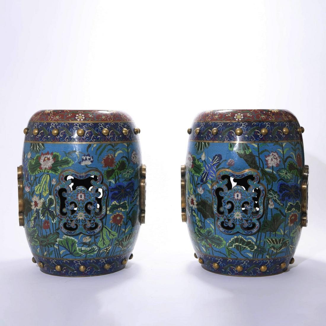Pair Of Cloisonne Enamel Lotus Barrel-Form Stools (1 of 10)