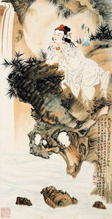 Signed Zhang Daqian, Chinese Avalokitesvara Painting, Ink and Color on Paper, Hanging Scroll: Signed Zhang Daqian, Chinese Avalokitesvara Painting, Ink and Color on Paper, Hanging ScrollLength:90cm, Width:46cm,