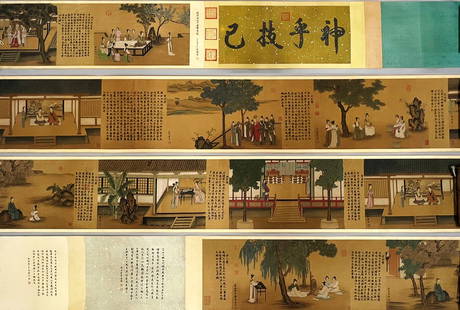 Signed Tang Yin, Chinese Figure Painting, Ink and Color on Silk, Hand Scroll: Signed Tang Yin, Chinese Figure Painting, Ink and Color on Silk, Hand ScrollLength:780cm, Width:46cm,