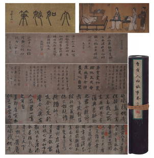 Chinese Character Story Silk Painting Hand Scroll, Tang Yin Mark: Chinese Character Story Silk Painting Hand Scroll, Tang Yin Mark( 663 x 33cm)