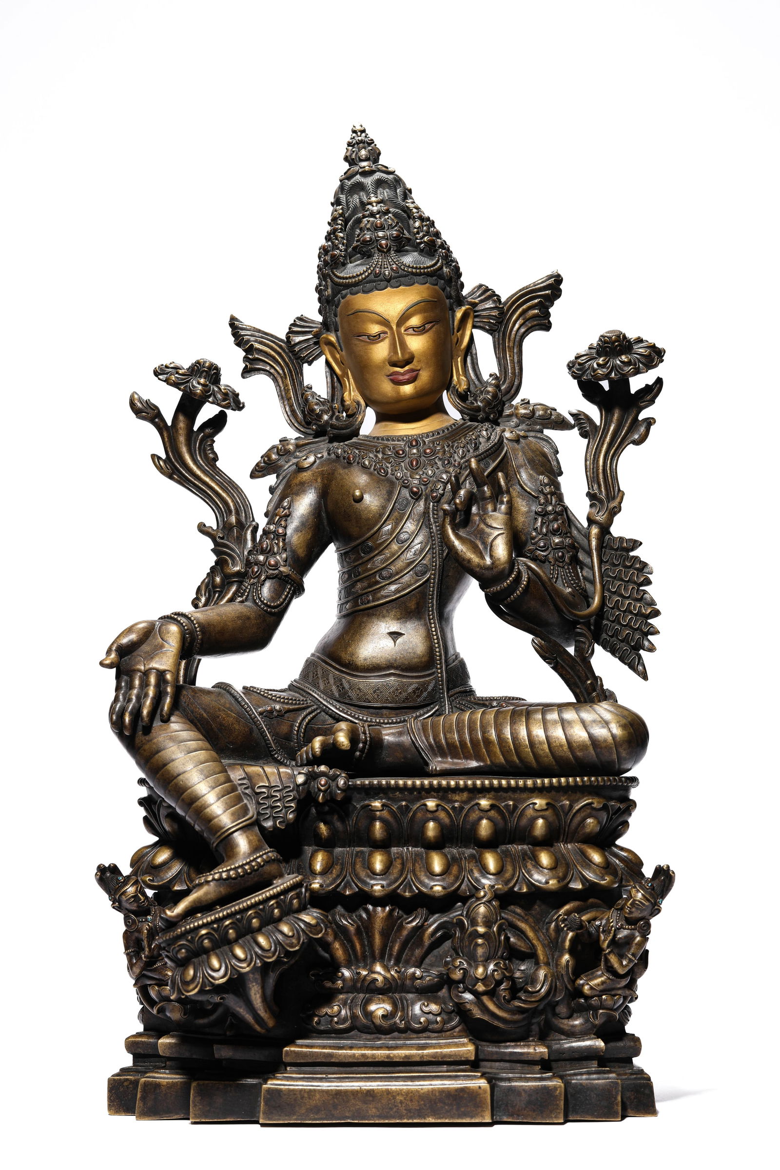 A Tibetan Copper and Silver Inlaid Green Tara Statue (1 of 8)