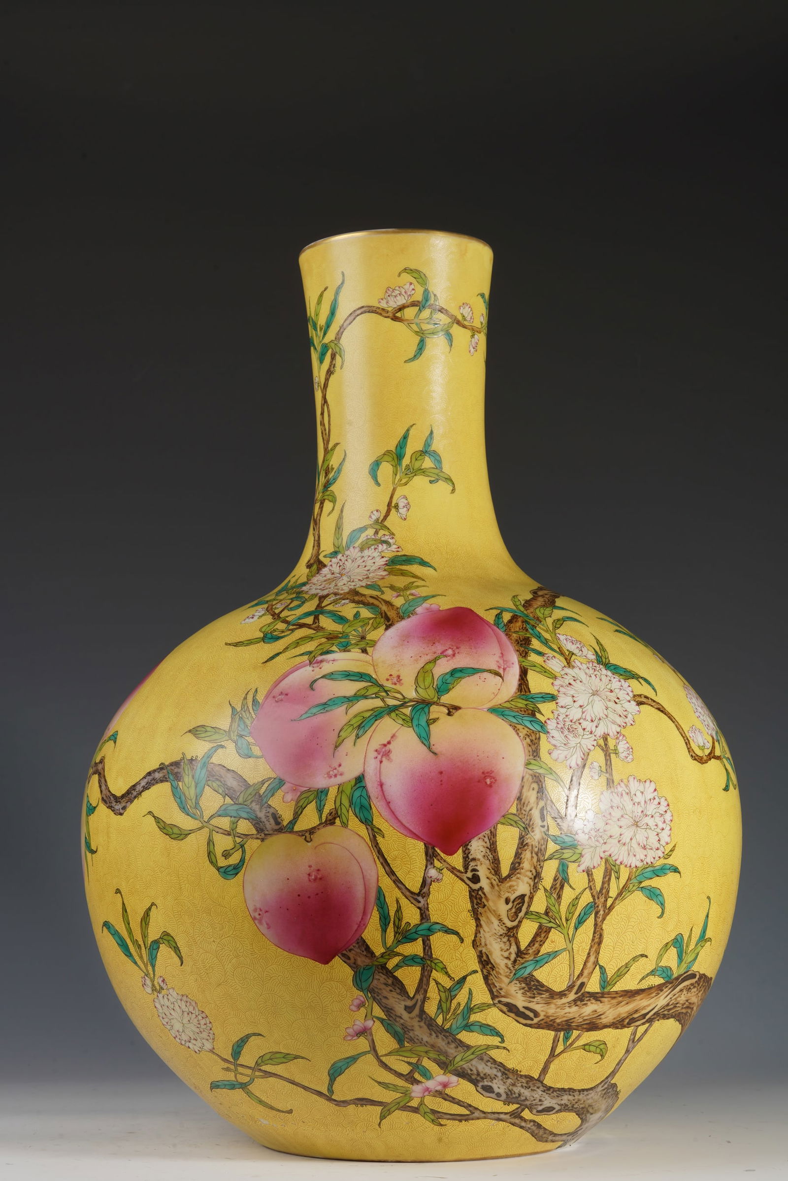 Yellow Base Famille Rose Peach Pattern Porcelain Vase (1 of 9)