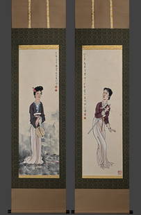 Pair of Chinese Beauty Painting, Xu Beihong Mark: Pair of Chinese Beauty Painting, Xu Beihong Mark (33 x 105 cm )