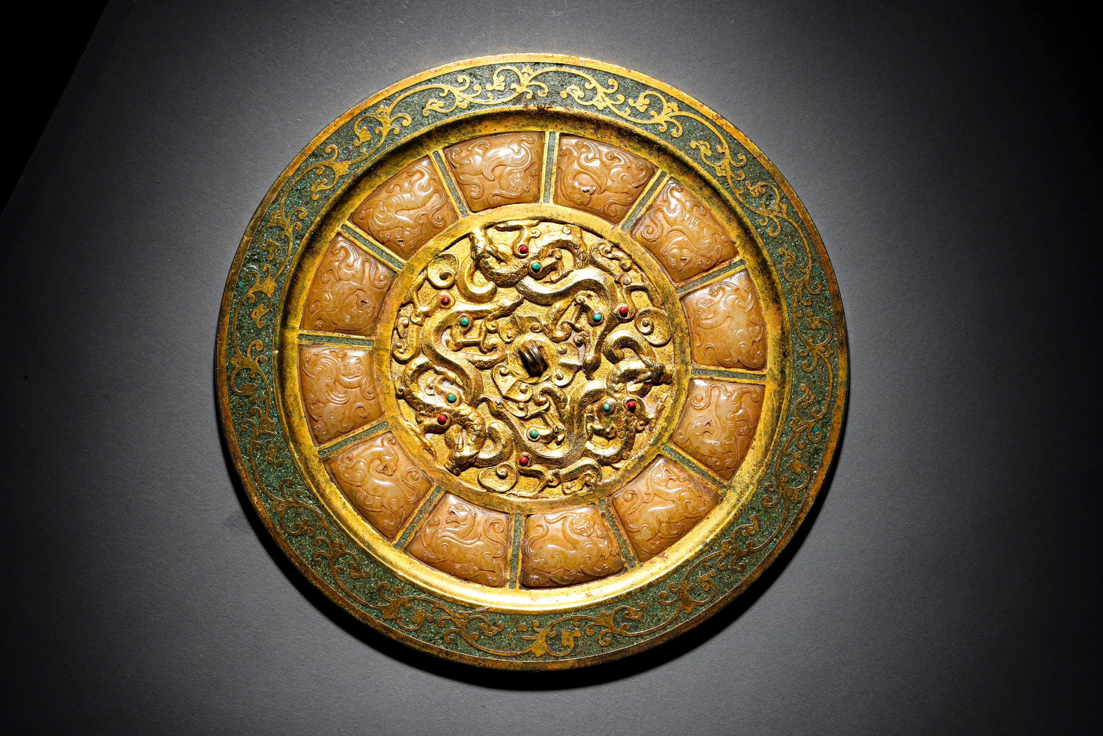 Copper gilt mirror inlaid with jade dragon motif (1 of 7)