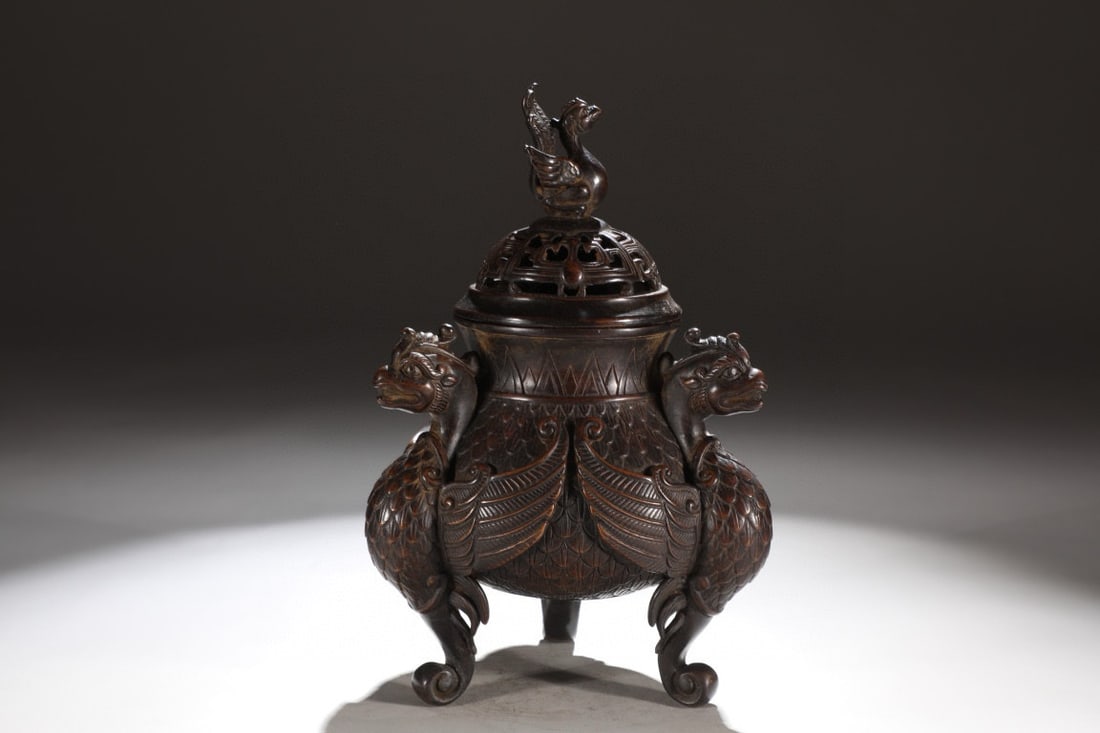 Bronze Carved Beast Incense Burner and Phoenix Lid (1 of 8)