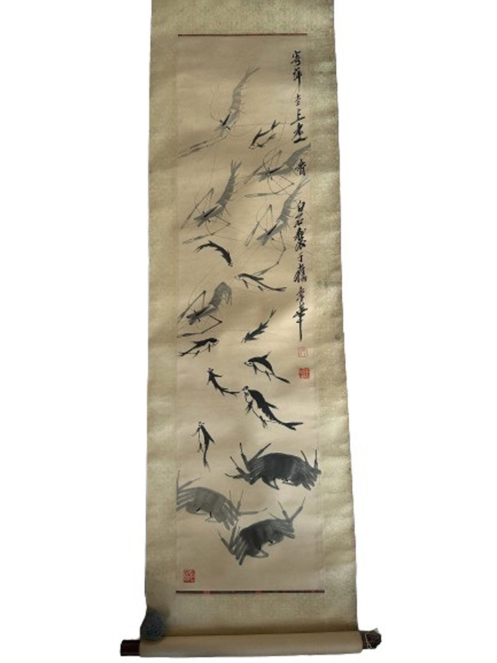 Chinese Drawing Shrimp, Fish & Crabs Painting, Qi Baishi Mark (1 of 5)
