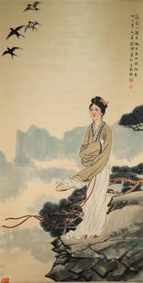 Chinese Drawing Swallows and Beauty Painting,Xu Beihong Mark: Chinese Drawing Swallows and Beauty Painting,Xu Beihong Mark (123 x 64cm)