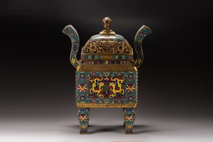 Gilt Bronze Bronze Cloisonne Flower and Dragon Pattern Double Ears Incense Burner