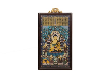 Bronze Cloisonne Sakyamuni and Buddhist Sutras Pattern Tangka