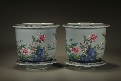 Pair of Sky Blue Glazed Famille Rose Flower Pattern Porcelain Flower Pot
