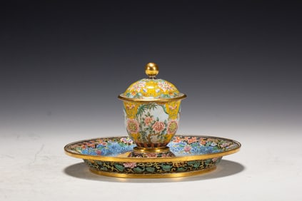 Bronze Enamel Drawing Flower Pattern Cup and Plate