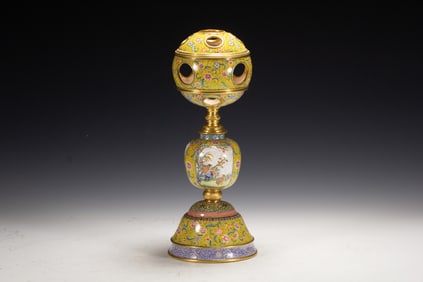 Bronze Enamel Drawing Flower and Quail Pattern Incense Burner