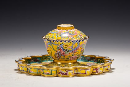 Bronze Enamel Drawing Flower and Phoenix Pattern Cup and Plate