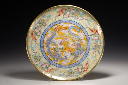 Bronze Enamel Drawing Dragon and Phoenix Pattern Plate