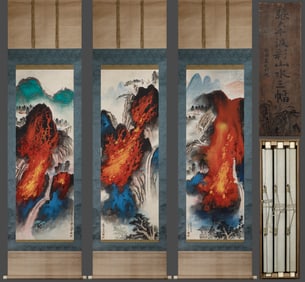 Group of Three Chinese Drawing Landscape Painting,Zhang Daqian Mark