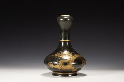 Black Glazed Gold Drawing Dragon Pattern Porcelain Vase