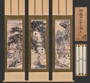 Group of Three Chinese Drawing Character Story Painting,Fu Baoshi Mark