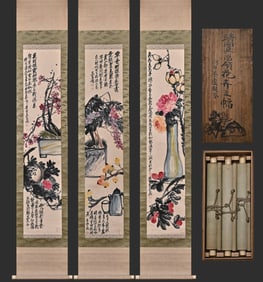 Group of Three Chinese Drawing Flower Painting,Wu Changshuo Mark