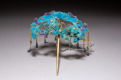 Gilt Silver Blue Enameled Butterfly Pattern Hairpin