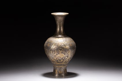 Gilt Silver Carved Flower and Dragon Pattern Vase