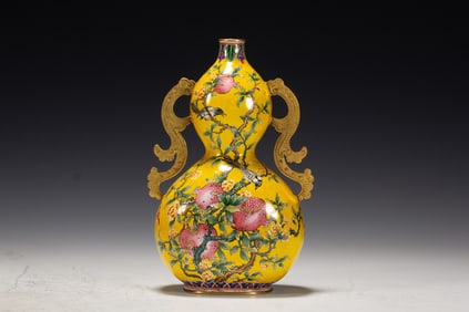Bronze Enamel Drawing Bird and Pomegranate Pattern Gourd Shape Vase