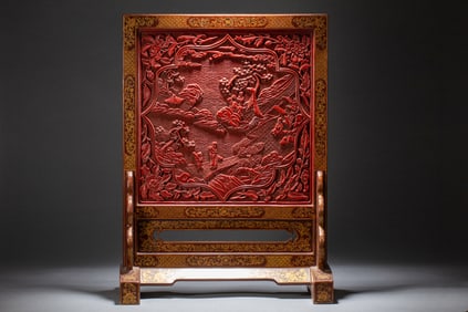 Lacquerware Carved Character and Landscape Pattern Table Plaque