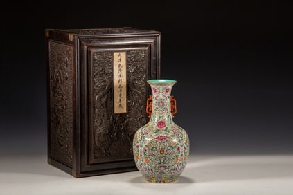 Famille Rose Flower Pattern Double Ears Porcelain Vase