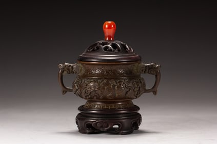 Red Sandalwood Carved Flower Pattern Double Ears Incense Burner