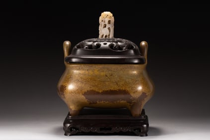 Bronze Double Ears Incense Burner and Jade Lid