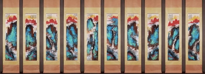 Group of Ten Chinese Drawing Coloured Landscape Painting,Liu Haisu Mark