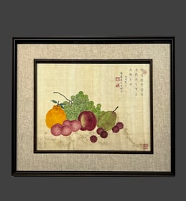 Chinese Drawing Fruit Silk Painting Wood Frame,Ding Fuzhi Mark