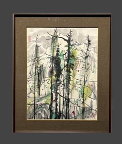 Chinese Drawing Pine Tree Painting Wood Frame,Wu Guanzhong Mark