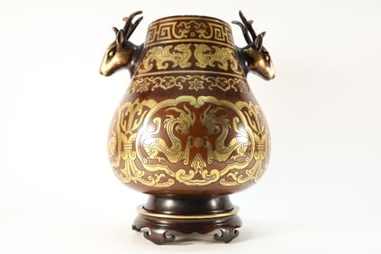 Bronze Gold Drawing Carved Dragon Pattern Double Deer Ears Incense Burner