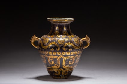 Gold and Silver Inlaid Carved Dragon Pattern Double Ears Pot