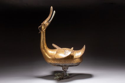 Gold and Silver Inlaid Carved Goose Ornament