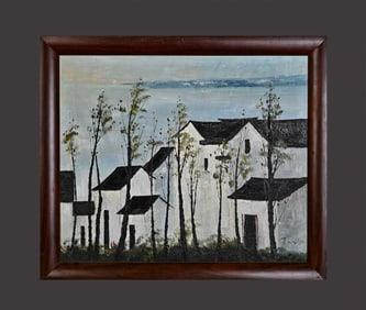 Chinese Drawing Landscape Oil Painting Wood Frame,Wu Guanzhong Mark