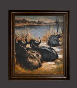 Chinese Drawing Ox Oil Painting Wood Frame,Xu Beihong Mark