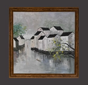 Chinese Drawing Landscape Oil Painting Wood Frame,Wu Guanzhong Mark