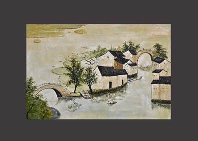 Chinese Drawing Landscape Oil Painting Wood Frame,Wu Guanzhong Mark