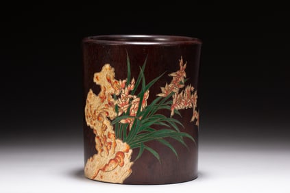 Rosewood Carved Flower Pattern Brush Pot